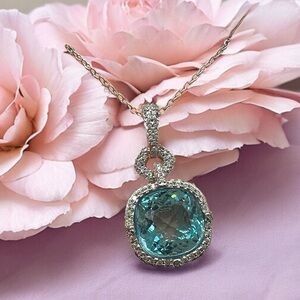 Blue Cushion Cut Glass CZ Silver Pendant Necklace
